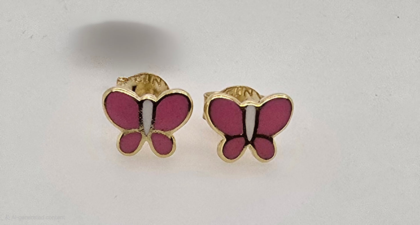 9CT YELLOW GOLD IMPORTED 6MM PINK ENAMEL BUTTERFLY STUD EARRINGS.