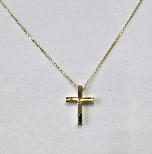 9CT YELLOW GOLD IMPORTED 14.5MM X 10.5MM POLISHED CROSS PENDANT WITH 45CM FINE TRACE CHAIN.