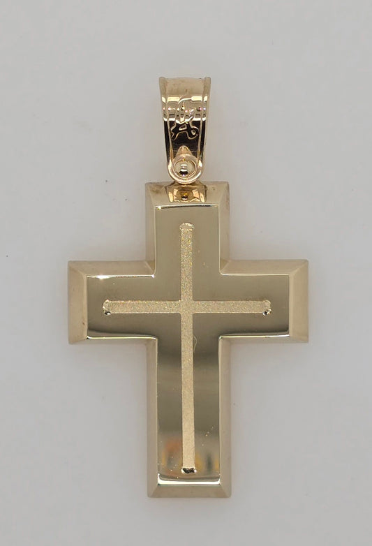 9CT YELLOW GOLD IMPORTED POLISHED CROSS WITH RAISED CENTRE.