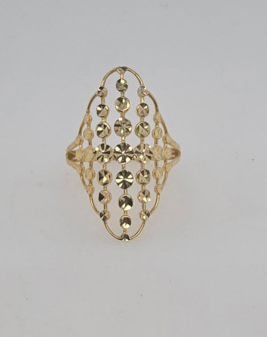 9CT YELLOW GOLD MARQUISE SHAPE 27 X 17MM RING WITH FACETED BEADING.