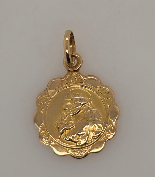 18CT YELLOW GOLD IMPORTED 16MM FANCY ST ANTHONY PENDANT.