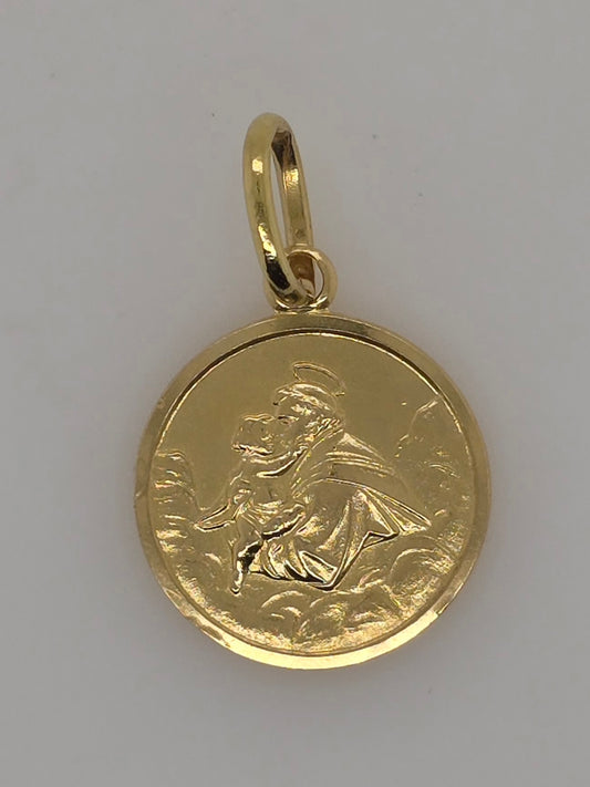 18CT YELLOW GOLD IMPORTED 14MM ST ANTHONY PENDANT.