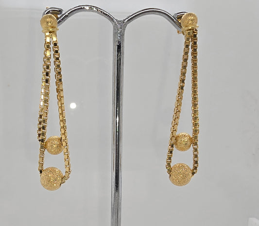 18CT YELLOW GOLD IMPORTED DOUBLE CHAIN BALL DROP EARRINGS.