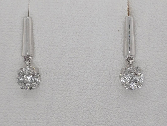 9CT WHITE GOLD DROP CLUSTER DIAMOND STUD EARRINGS.