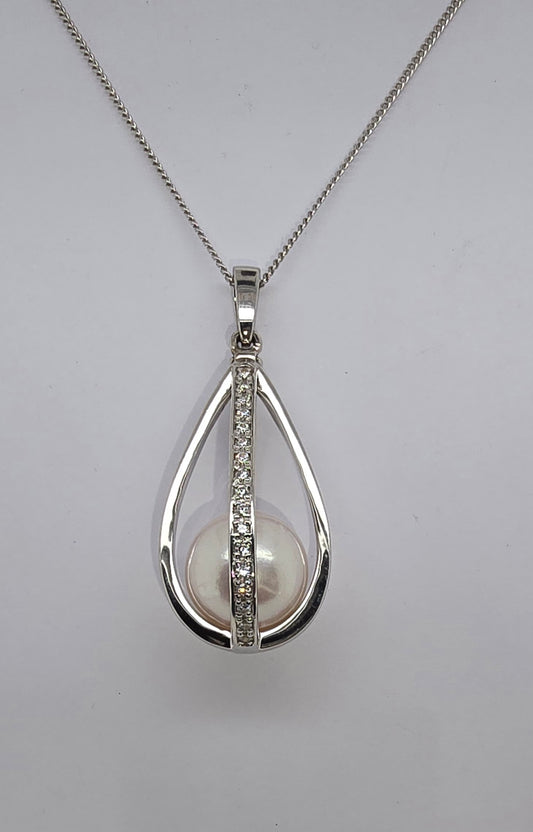 STERLING SILVER WHITE 12MM MIKIMOTO PEARL IN CUBIC ZIRCONIA CAGE