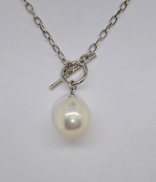 STERLING SILVER WHITE DROP EDISON 13MM FRESHWATER PEARL TOGGLE 45CM NECKLACE.