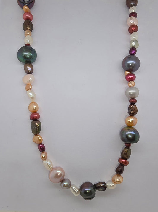 FRESHWATER COLOURED 45CM 3MM - 10MM PEARL NECKLACE WITH SILVER CLASP.