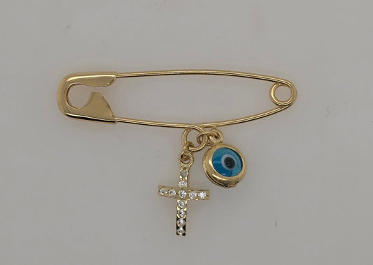 9CT YELLOW GOLD IMPORTED PIN WITH EVIL EYE AND CUBIC ZIRCONIA CROSS.