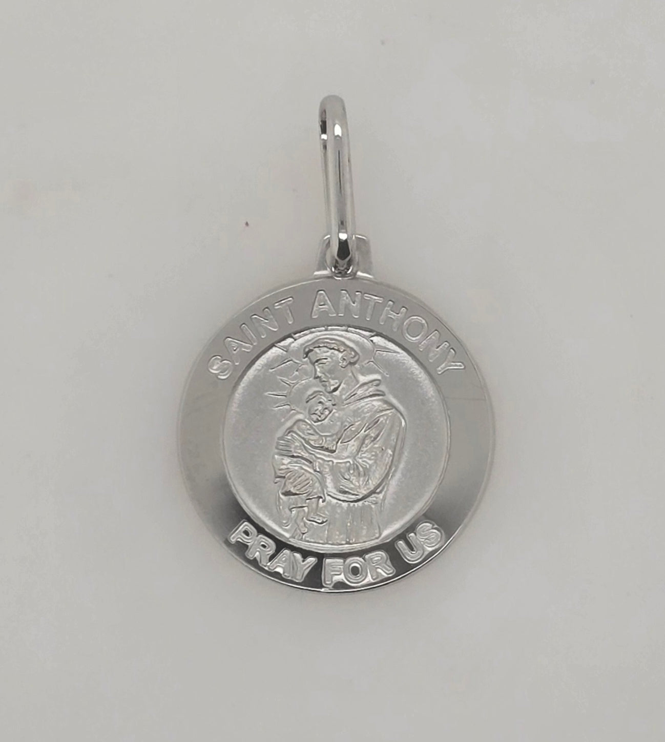 9CT WHITE GOLD IMPORTED SOLID 15MM ST ANTHONY PENDANT.
