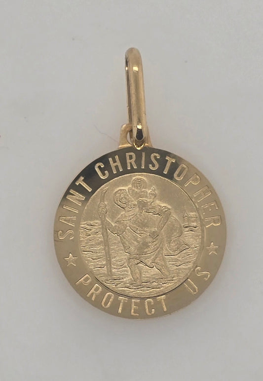 9CT YELLOW GOLD SOLID IMPORTED 15MM ST CHRISTOPHER PENDANT.
