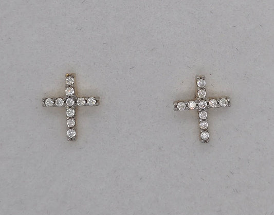 9CT YELLOW GOLD IMPORTED 8MM X 6.7MM CUBIC ZIRCONIA CROSS STUD EARRINGS.