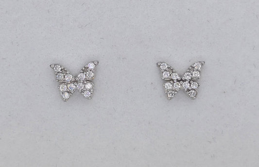 9CT WHITE GOLD 5.5MM BUTTERFLY CUBIC ZIRCONIA STUD EARRINGS.