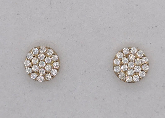 9CT YELLOW GOLD IMPORTED 6MM CUBIC ZIRCONIA PAVE CIRCLE STUD EARRINGS.