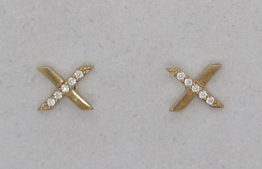 9CT YELLOW GOLD IMPORTED CUBIC ZIRCONIA 7MM X 5MM FANCY X EARRINGS.