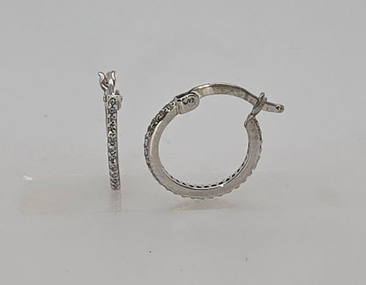 9CT WHITE GOLD CLAW SET CUBIC ZIRCONIA 1.2MM X 10MM HOOP EARRINGS.