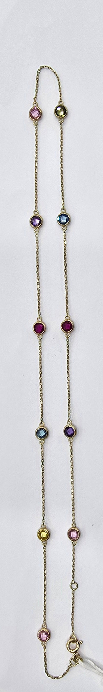 9CT YELLOW GOLD BEZEL SET SEMI PRECIOUS MULTI STONE 45CM NECKLACE.