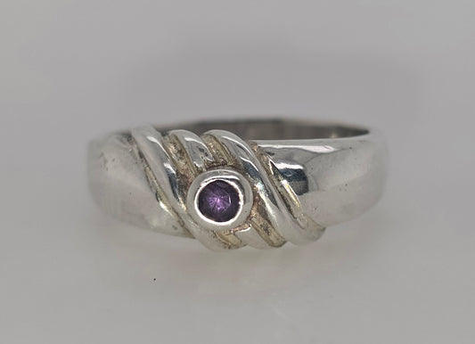 STERLING SILVER BEZEL SET ROUND AMTETHYST FANCY 7MM WIDE RING .