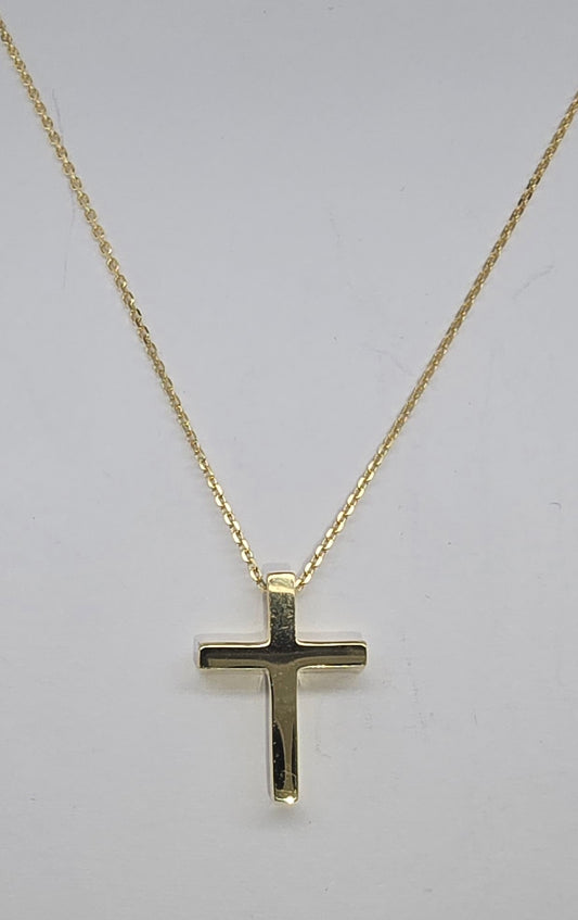 9CT YELLOW GOLD IMPORTED CROSS WITH 45CM FINE TRACE CHAIN.