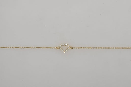 9CT YELLOW GOLD IMPORTED CUBIC ZIRCONIA 7.5MM OPEN HEART BRACELET.