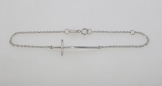 9CT WHITE GOLD IMPORTED 18CM TRACE CHAIN WITH CROSS BRACELET.