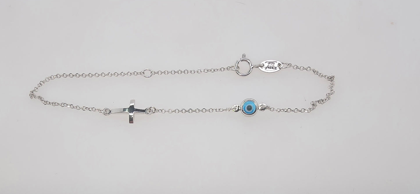9CT WHITE GOLD IMPORTED CROSS CHARM AND EVIL EYE 16-18CM BRACELET.