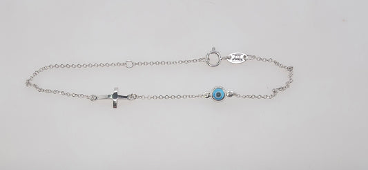 9CT WHITE GOLD IMPORTED CROSS CHARM AND EVIL EYE 16-18CM BRACELET.
