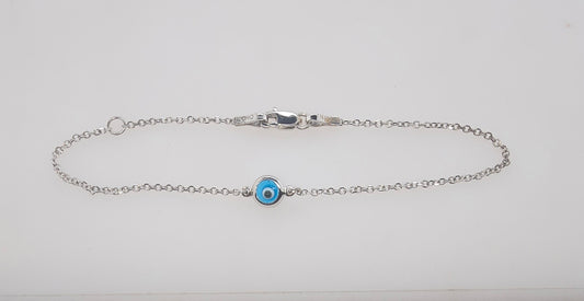 9CT WHITE GOLD IMPORTED 18CM TRACE CHAIN WITH EVIL EYE BRACELET.