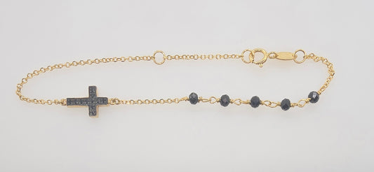 9CT YELLOW GOLD IMPORTED 19CM 1.5G BLACK CUBIC ZIRCONIA CROSS AND BEAD BRACELET