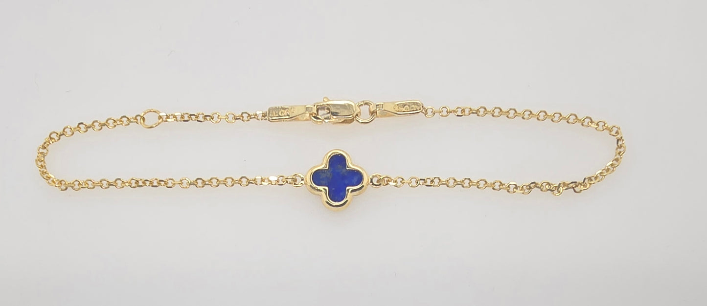 9CT YELLOW GOLD IMPORTED 9MM LAPIS LAZULI CLOVER 16-18CM BRACELET.