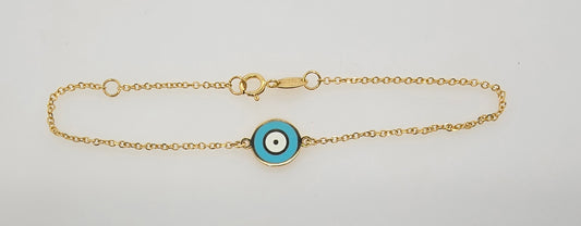 9CT YELLOW GOLD IMPORTED 18CM TRACE BRACELET WITH ENAMAL EYE CHARM.