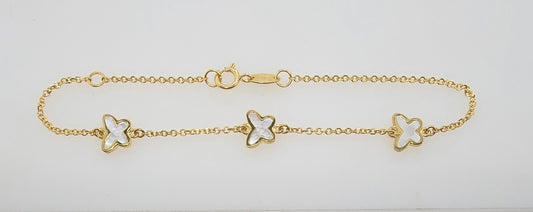 9CT YELLOW GOLD IMPORTED 16-18CM 3 X 7MM MOTHER OF PEARL BUTTERFLY BRACELET.