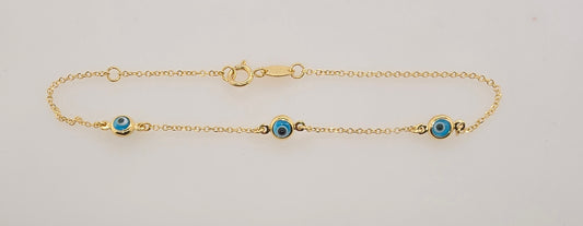 9CT YELLOW GOLD IMPORTED 3 X 4.5MM EVIL EYE CHARM 16-18CM BRACELET.
