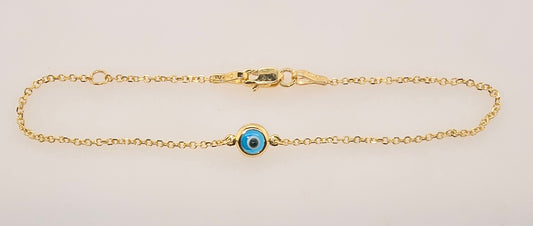 9CT YELLOW GOLD IMPORTED 5.7MM EVIL EYE CHARM 16-18CM BRACELET.
