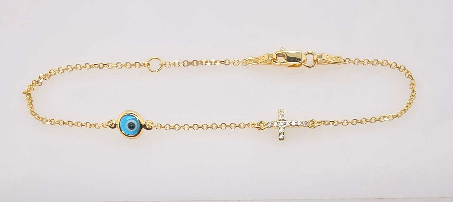 9CT YELLOW GOLD IMPORTED CUBIC ZIRCONIA CROSS AND EVIL EYE BRACELET.