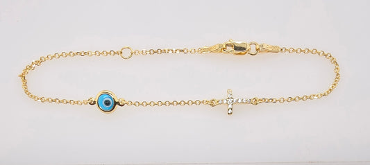 9CT YELLOW GOLD IMPORTED CUBIC ZIRCONIA CROSS AND EVIL EYE BRACELET.