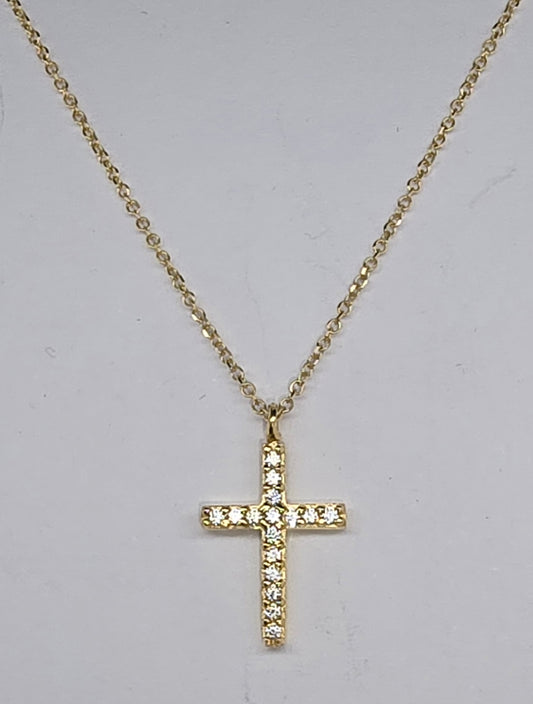 9CT YELLOW GOLD 40CM TRACE CHAIN WITH CUBIC ZIRCONIA CROSS PENDANT.