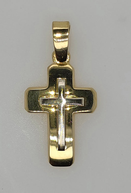 18CT YELLOW GOLD SOLID WITH WHITE GOLD RAISED CENTER CROSS.