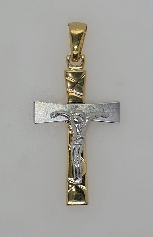 18CT TWO TONE IMPORTED CRUCIFIX PENDANT.