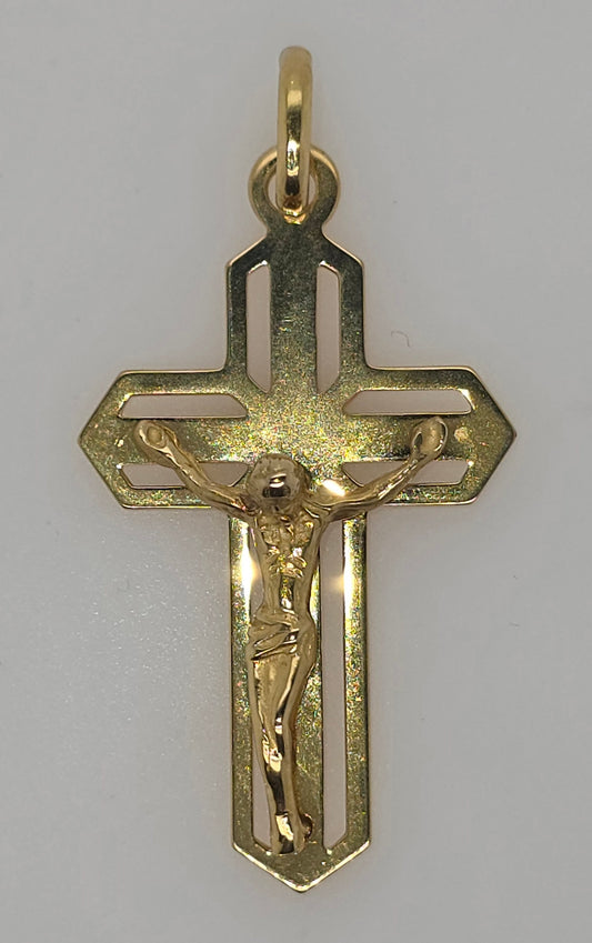 18CT YELLOW GOLD IMPORTED FANCY CRUCIFIX PENDANT.
