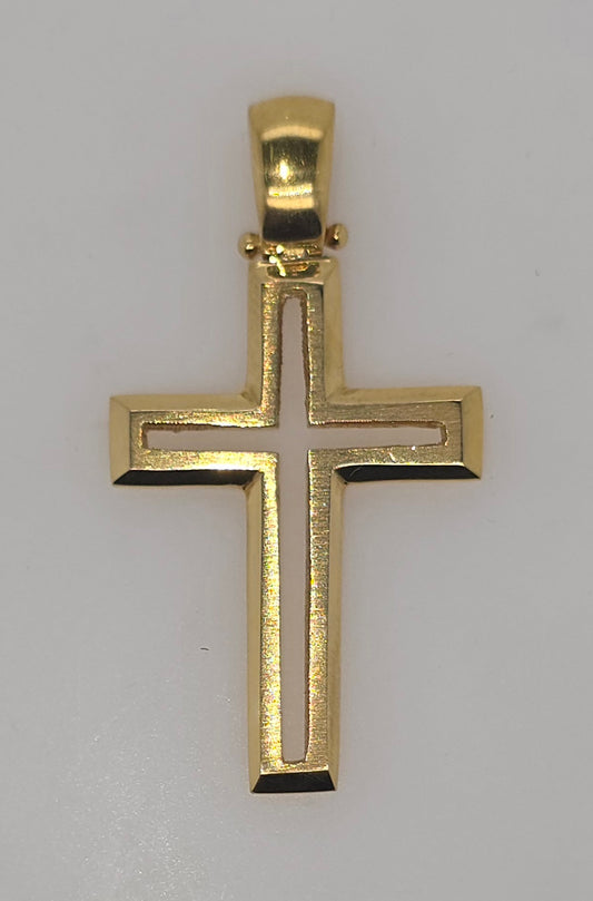 18CT YELLOW GOLD IMPORTED SOLID OPEN CROSS PENDANT.