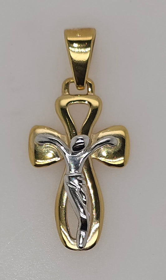 18CT TWO TONE IMPORTED 22MM X 14MM FANCY CRUCIFIX PENDANT.