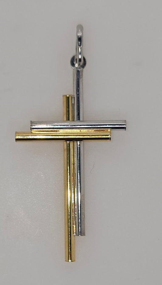 18CT TWO TONE IMPORTED 37MM X 21MM DOUBLE CROSS PENDANT.