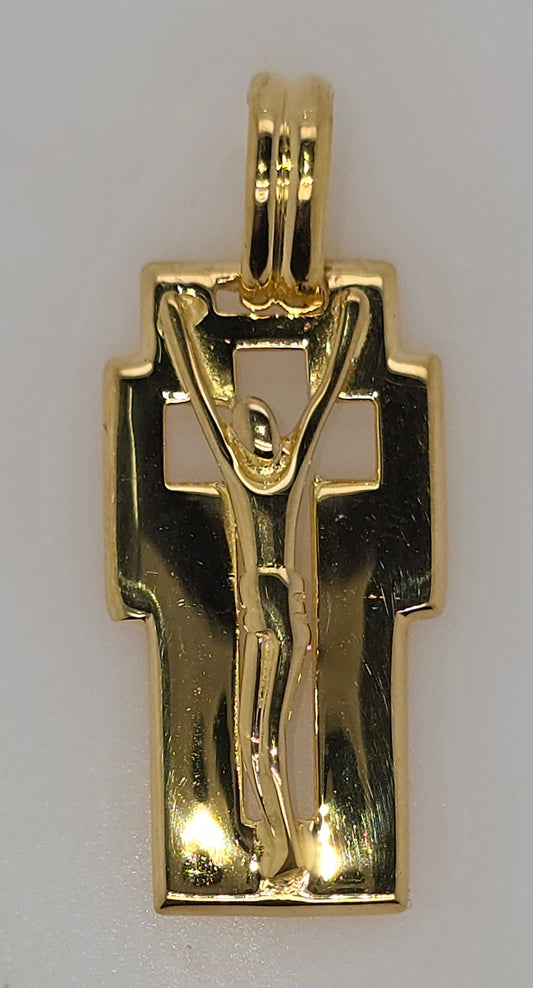 18CT YELLOW GOLD IMPORTED 30MM X 15MM CRUCIFIX PENDANT.