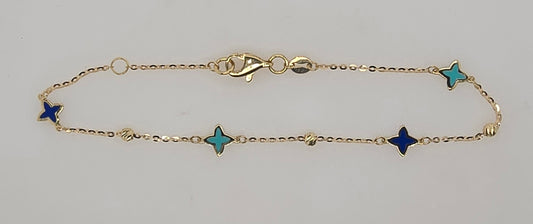 9CT YELLOW GOLD ITALIAN BLUE AND GREEN ENAMAL 6MM STAR BRACELET.