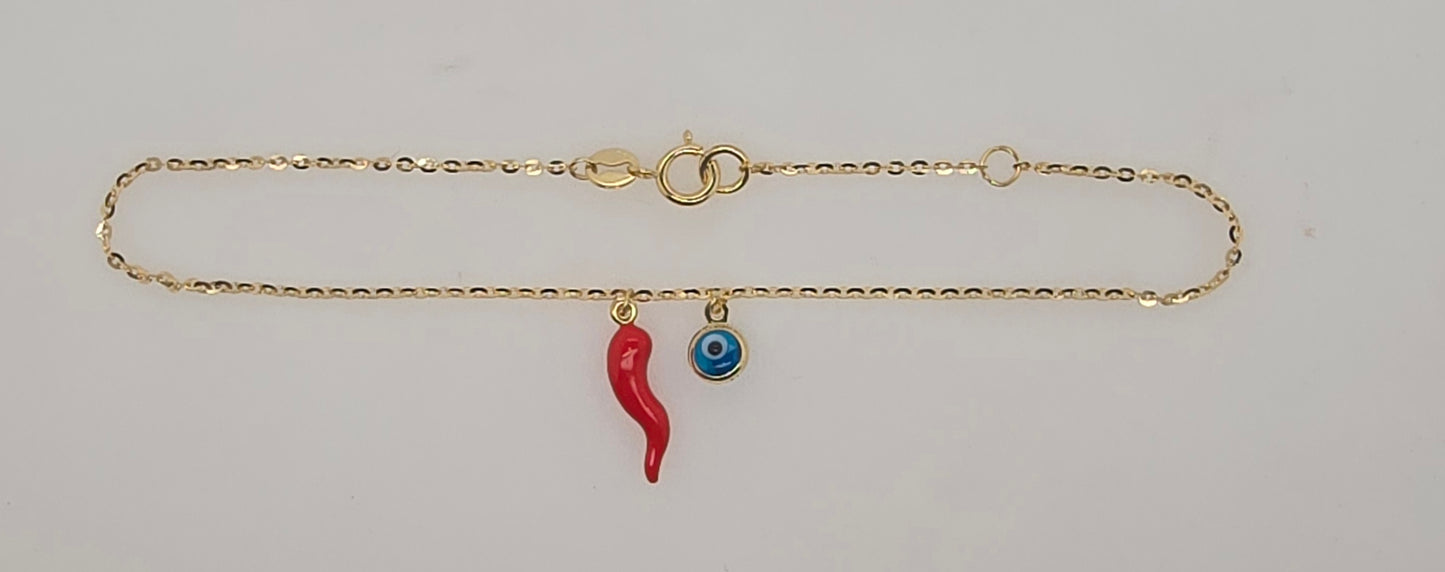 9CT YELLOW GOLD ITALIAN BRACELET WITH EVIL EYE AND 12MM RED CHILLI CHARM .