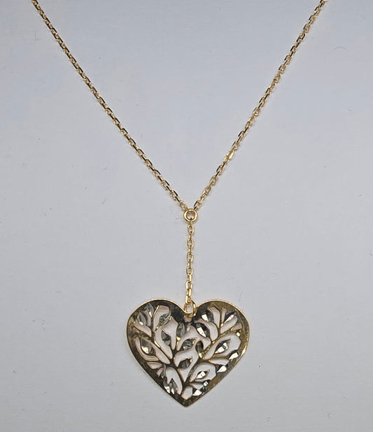 9CT YELLOW GOLD TRACE CHAIN WITH 15MM TWO TONE FLAT HEART NECKLACE.