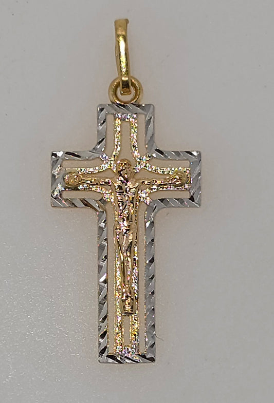 18CT TWO TONE ITALIAN 22MM X 16.8MM CRUCIFIX PENDANT.
