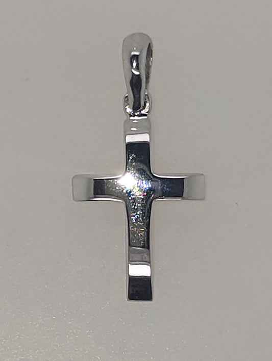 18CT WHITE GOLD IMPORTED POLISHED SMALL 14MM X 9MM CROSS PENDANT.