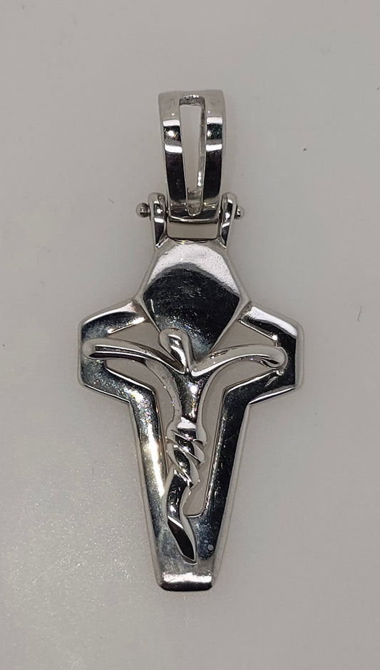 18CT WHITE GOLD IMPORTED 32MM X 18MM 5.3GRAM CRUCIFIX PENDANT.