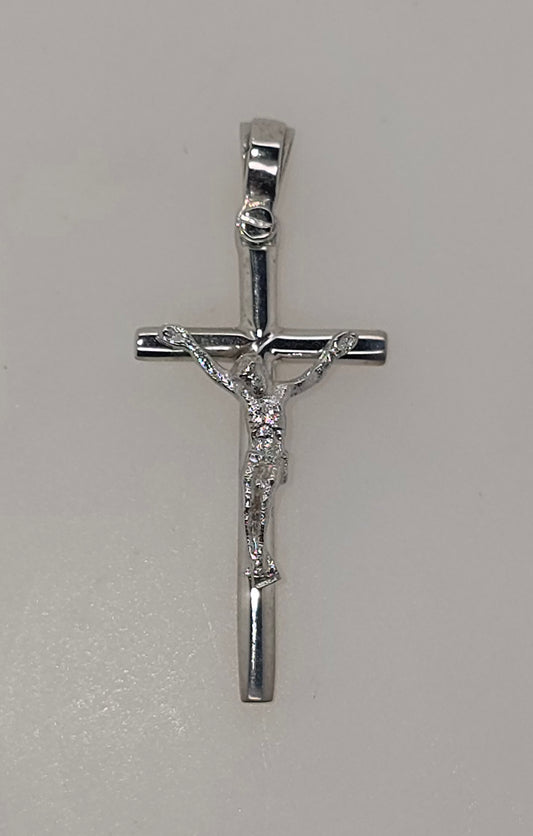 18CT WHITE GOLD IMPORTED 25MM X 13MM CRUCIFIX PENDANT.